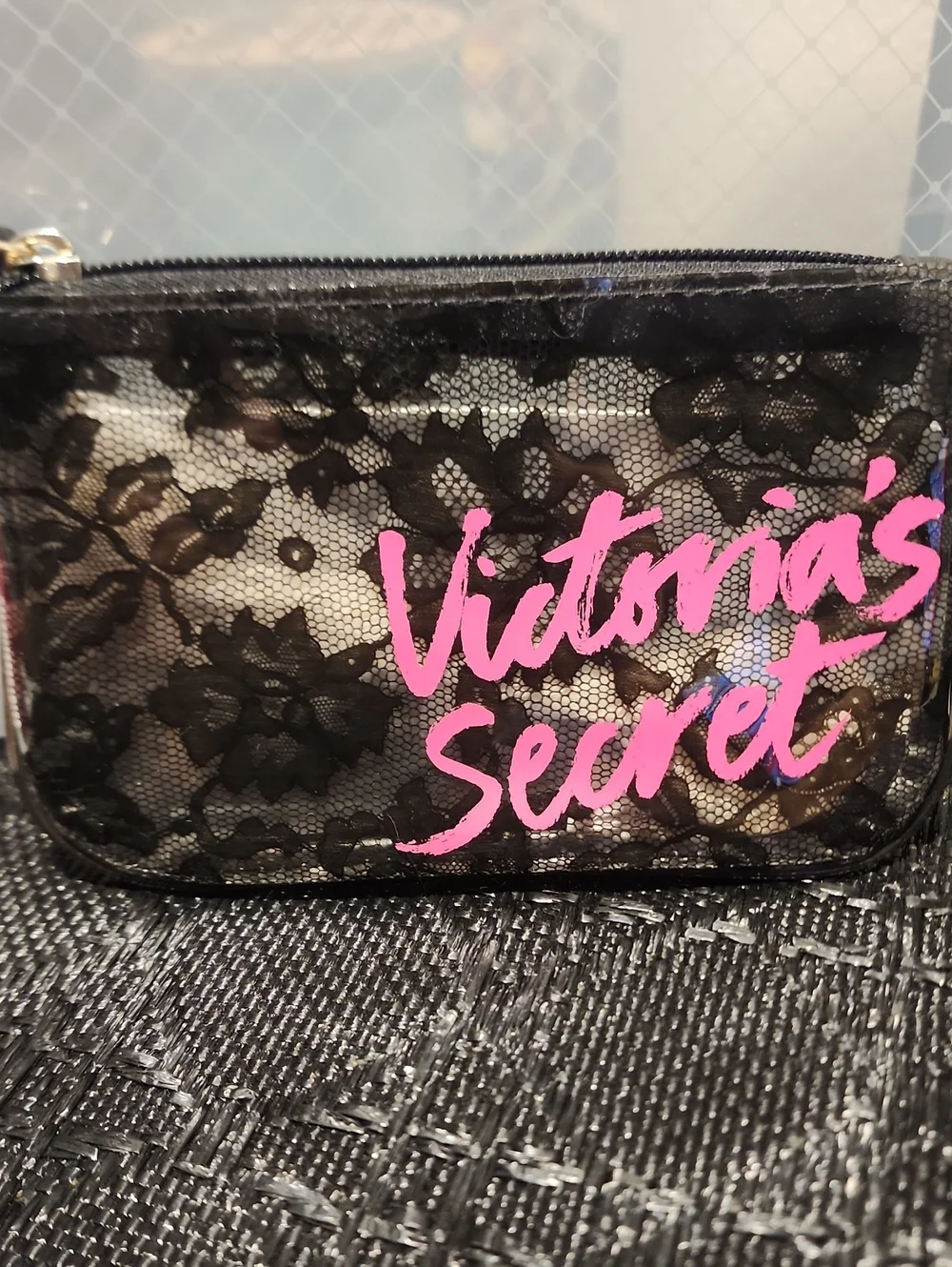 Victoria's Secret Black Lace Cosmetic Pouch with Pink Script